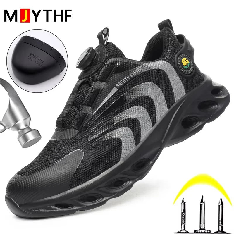 Rotary Buckle Work Sneakers Protective Shoes Lightweight Safety Shoes Puncture-Proof Anti-smash Steel Toe Shoes Work Boots Men